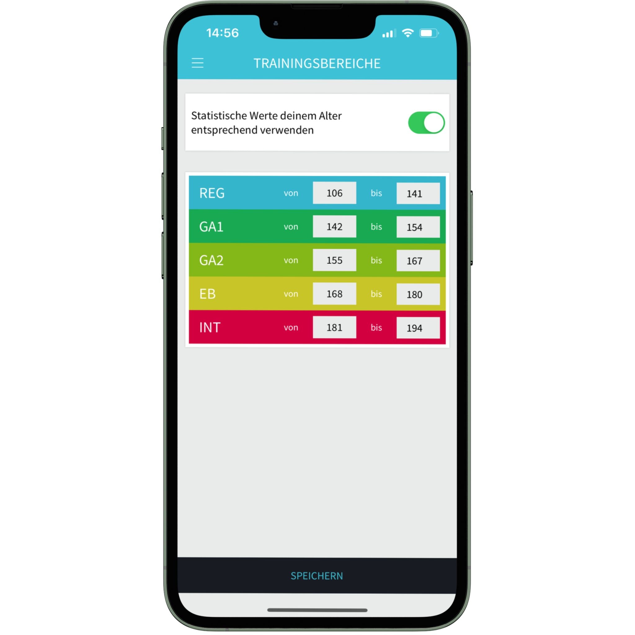 Vitalmonitor App Trainingsbereiche